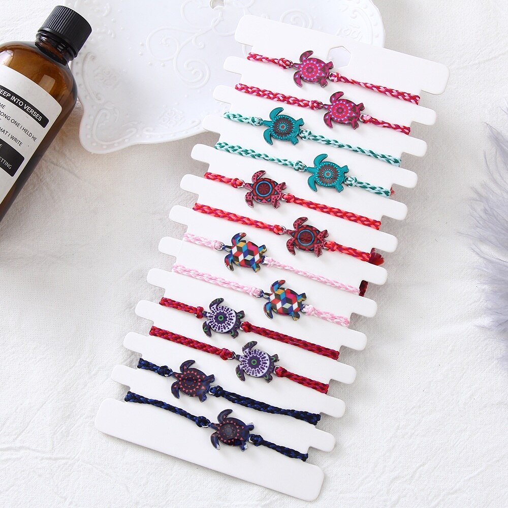 12 stück/set niedliches katzenkopf-schildkröten-anhänger-armband, gewebte spitze, verstellbares einhorn-delfin-armband, fußkettchen, damen-, mädchen- und kinderschmuck: C