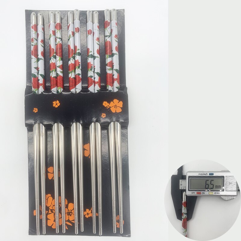 Five Pairs 22cm Metal Non-Slip Retro Blue White Porcelain Pattern Stainless Steel Chopsticks JDZ Sushi Sticks Convenient: 22.5CM-5Pair-Rose1