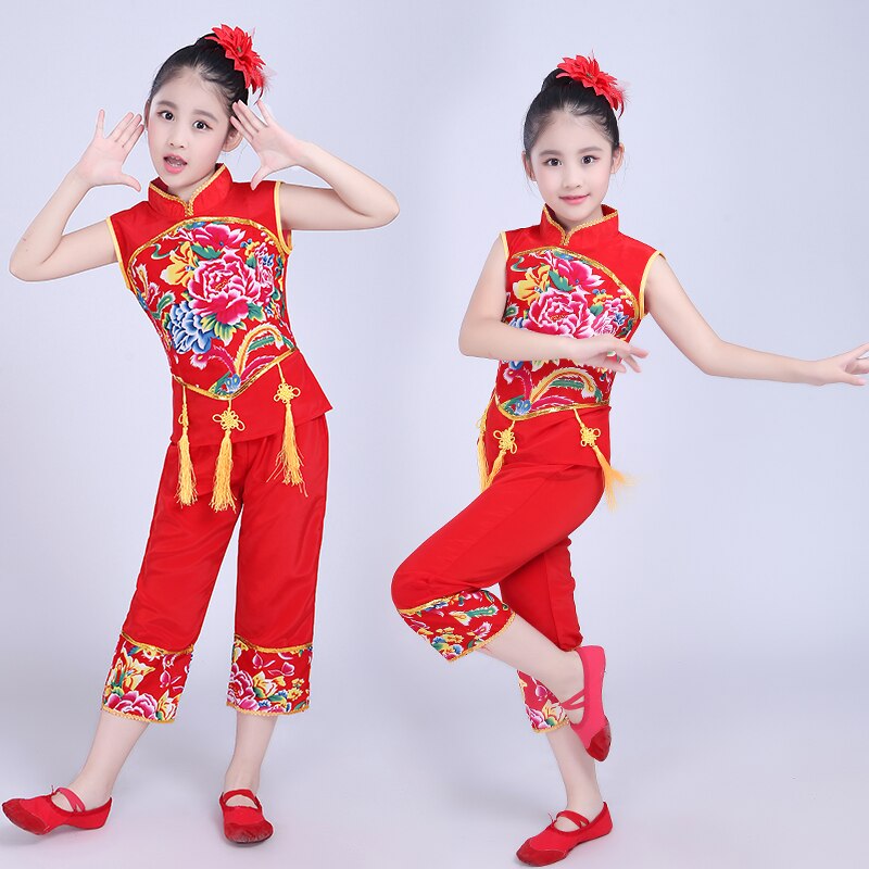 Chinese Volksdans Kostuum Kinderen Han Etnische Nationale Dans Kleding Kinderen Meisjes Klassieke Dans