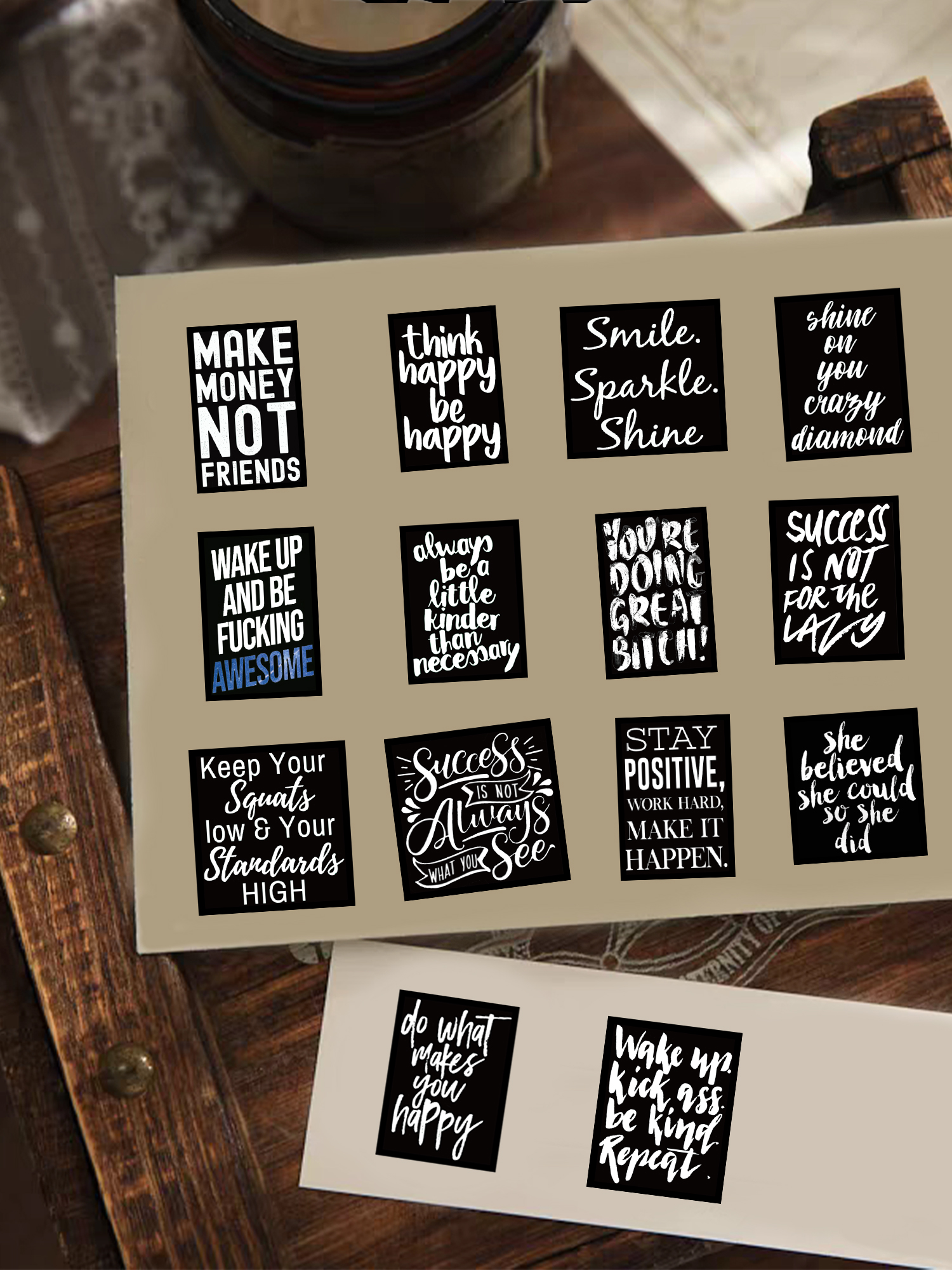 61 Black and White Inspirational Graffiti Stickers, Suitable for Decorating Water Bottles, Laptops, Mobile Phones, Suitcases, Skateboards, Guitars, Boxes, and Party Decorations