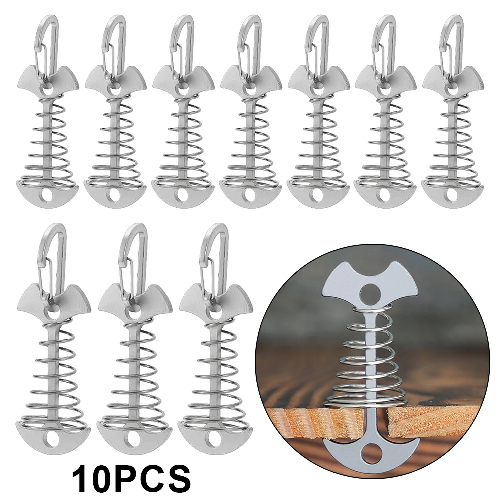3/5/10PCS Spring Fishbone Deck Pegs Tent Stakes Awning Anchor Wind Rope Buckle with Carabiner Deck Fixed Nails Camping Tent Hook: Burgundy