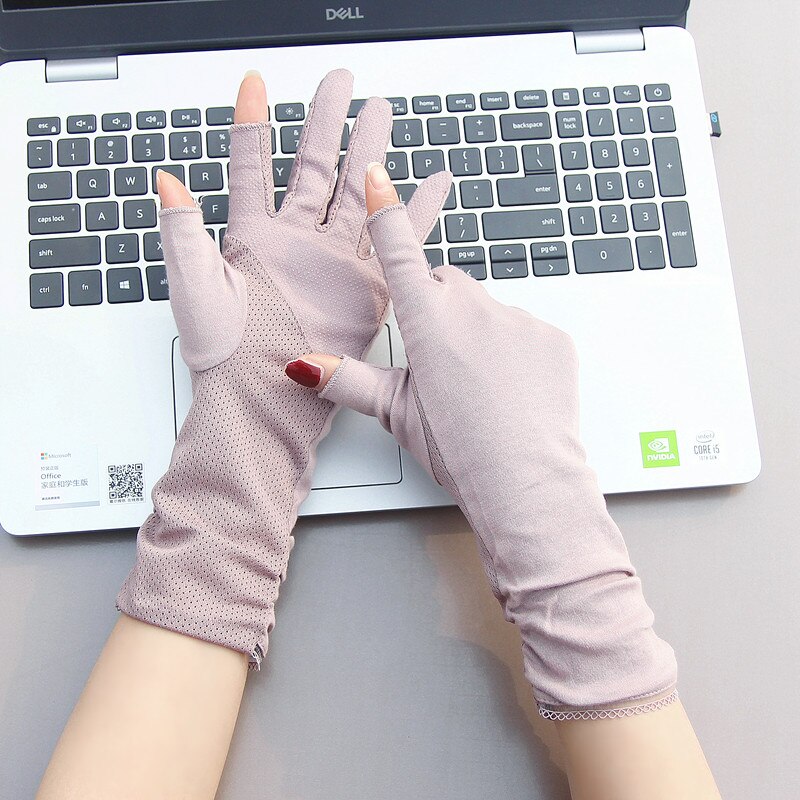 2025 Summer Women's gloves Thin Mid Length Cotton Sun Protection Driving Gloves Fingerless gloves for Women: Red