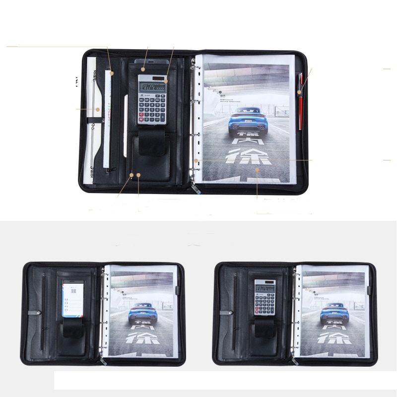 multifunction PU leather business office file folder a4 with a zip 4 ring binder folders for documents padfolio briefcase 1201B