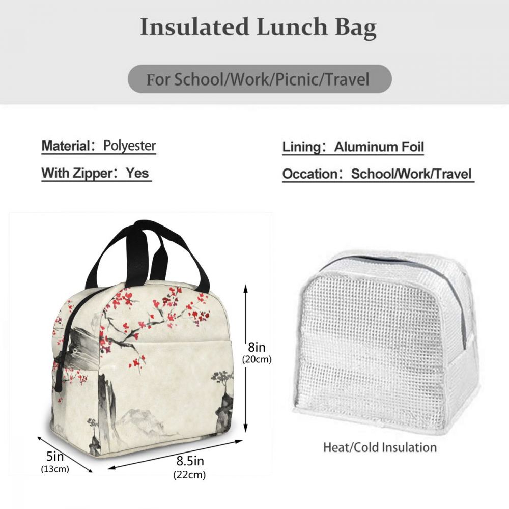 Draagbare lunchtas japanse inkt schilderij sakura en bergen thermisch geïsoleerde lunchbox tas lunchcontainer voedsel opbergtas