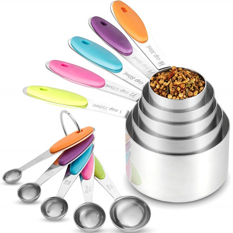 Juego de tazas medidoras cucharas de acero inoxidable cuchara taza para medir para hornear té y café herramientas de cocina con mango de silicona: 10Pcs Set