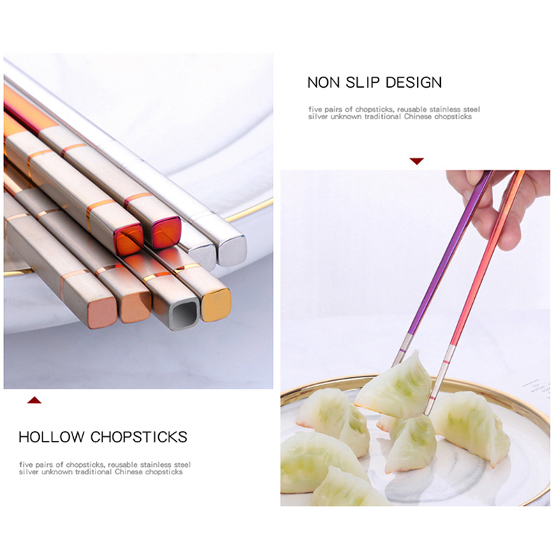Baguettes chinoises de luxe en acier inoxydable, 5 paires, baguettes à Sushi réutilisables en titane doré avec boîte, bâtons alimentaires en métal