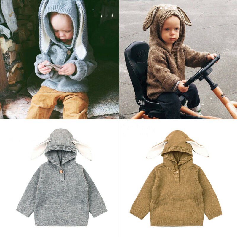 Cute Winter Toddler Baby Sweaters Kids Boys Girls Rabbit Ear Sweatshirt Hoodie Sweater Warm Knit Tops Lovely Baby Clothes