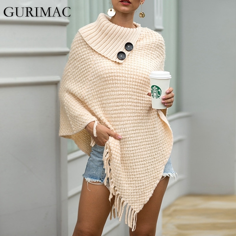 Casual høstkappe overfrakk ponco dame kintting dusk topper vintage capes sjalknapper yttertøy vinterkappe gensere
