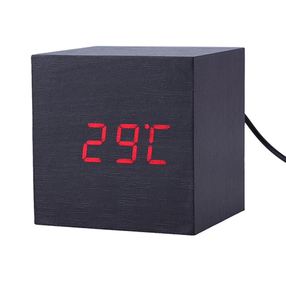 Modern Wooden Cube Digital LED Thermometer Timer Calendar Desk Alarm Clock: black