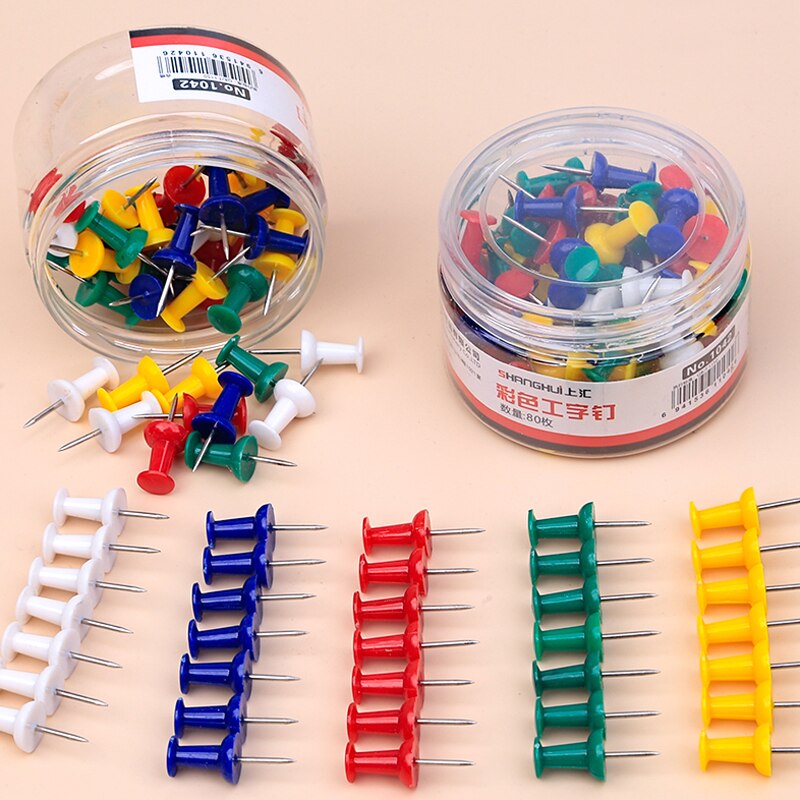 Chinchetas de plástico con punta de acero para trabajo en el hogar Juego de chinchetas de seguridad con punta de corcho, de colores, para encuadernación de oficina, suministros escolares, pernos para pared, 35, 80 unidades