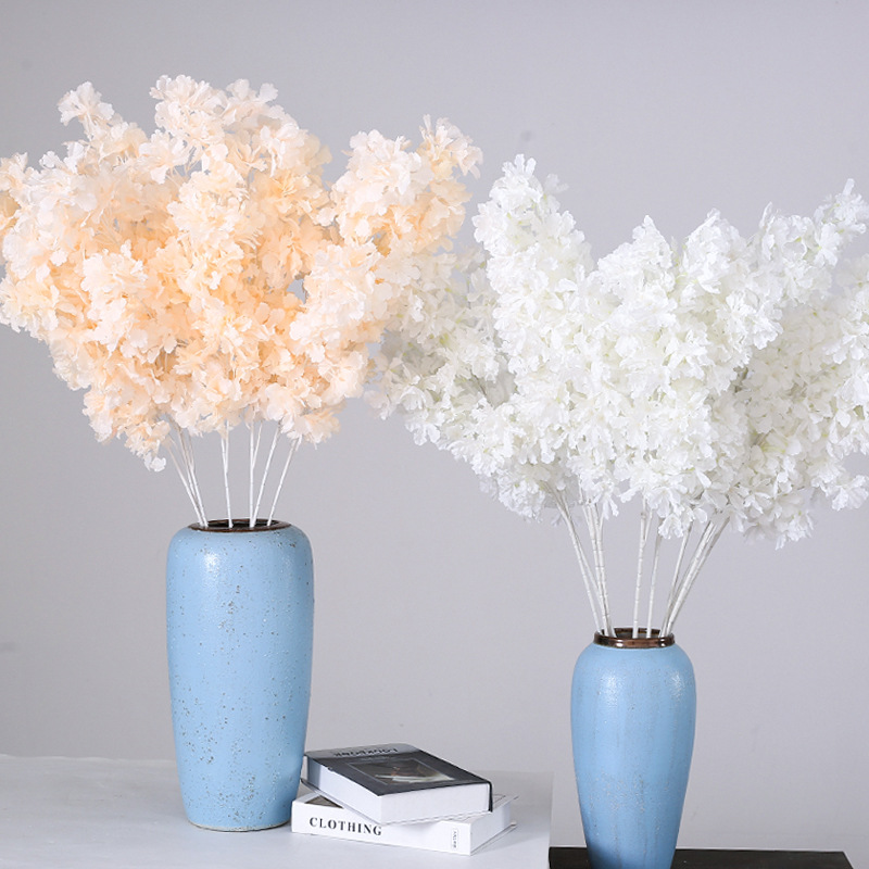 Hortensia de seda de 107CM, rama blanca, nieve en todo el cielo, cereza Artificial DIY, decoración para en casa, decoración de arco de boda