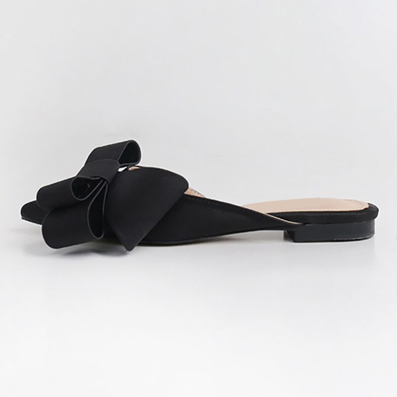 Zomer Vrouwen Schoenen Koreaanse Zijde Satijn Wees Teen Strikje Slippers Baotou Flats Hak Slides Slip Op Semi Slippers buiten: Black / 6