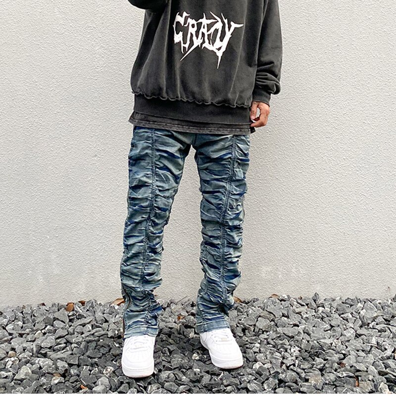 Harajuku Retro Ruched Side Zipper Jeans Men Straight Washed Streetwear Denim Trousers Elastic Wasit Hip Hop Mens Jeans Pants