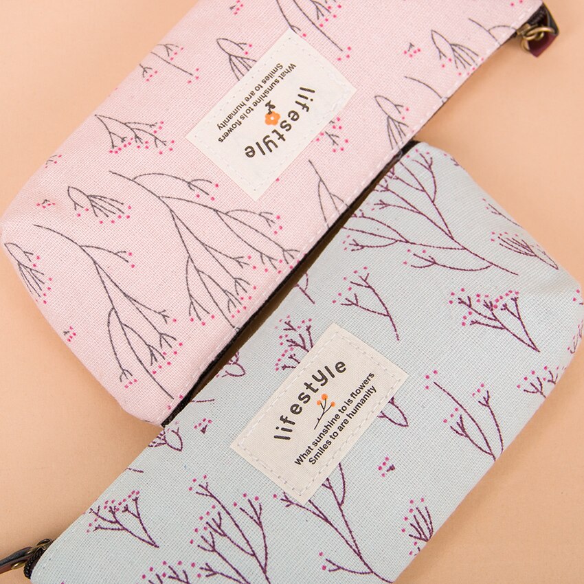 Cute Colorful Floral Flower Canvas Zipper Pencil Cases Lovely Fabric Flower Tree Pen Bags