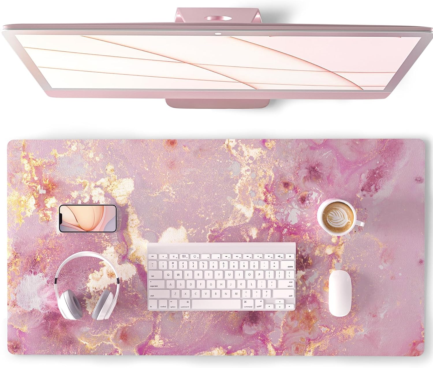 Large Mouse Pad Cute Pink Desk Mat for Desktop Women Girls Gaming Rose Gold Marble Protector Writing Pads for School Office Home