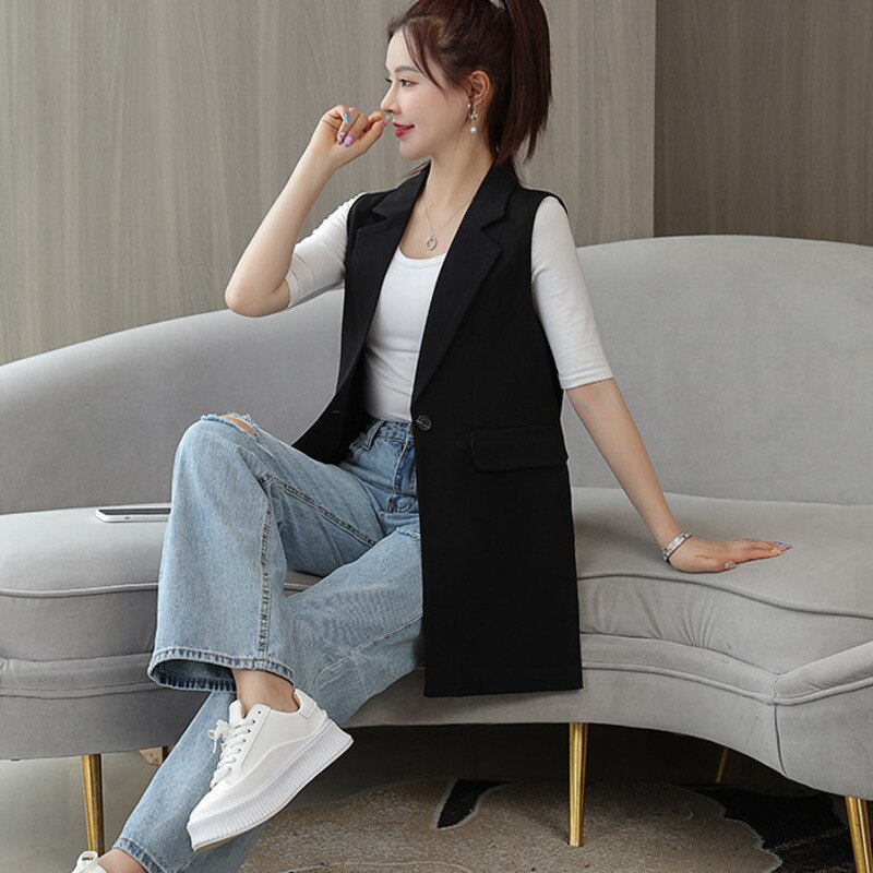 #0710 Black Beige Sleeveless Blazer Women Outerwear Vest Coat Single Button Slim Women's Vest Waistcoat Long Spring Summer