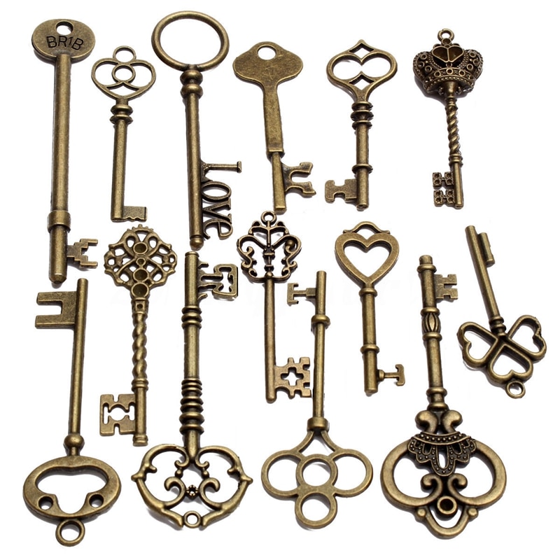 Set Van 18 Antieke Vintage Oude Look Brons Skeleton Key Hart Boog Lock Hanger