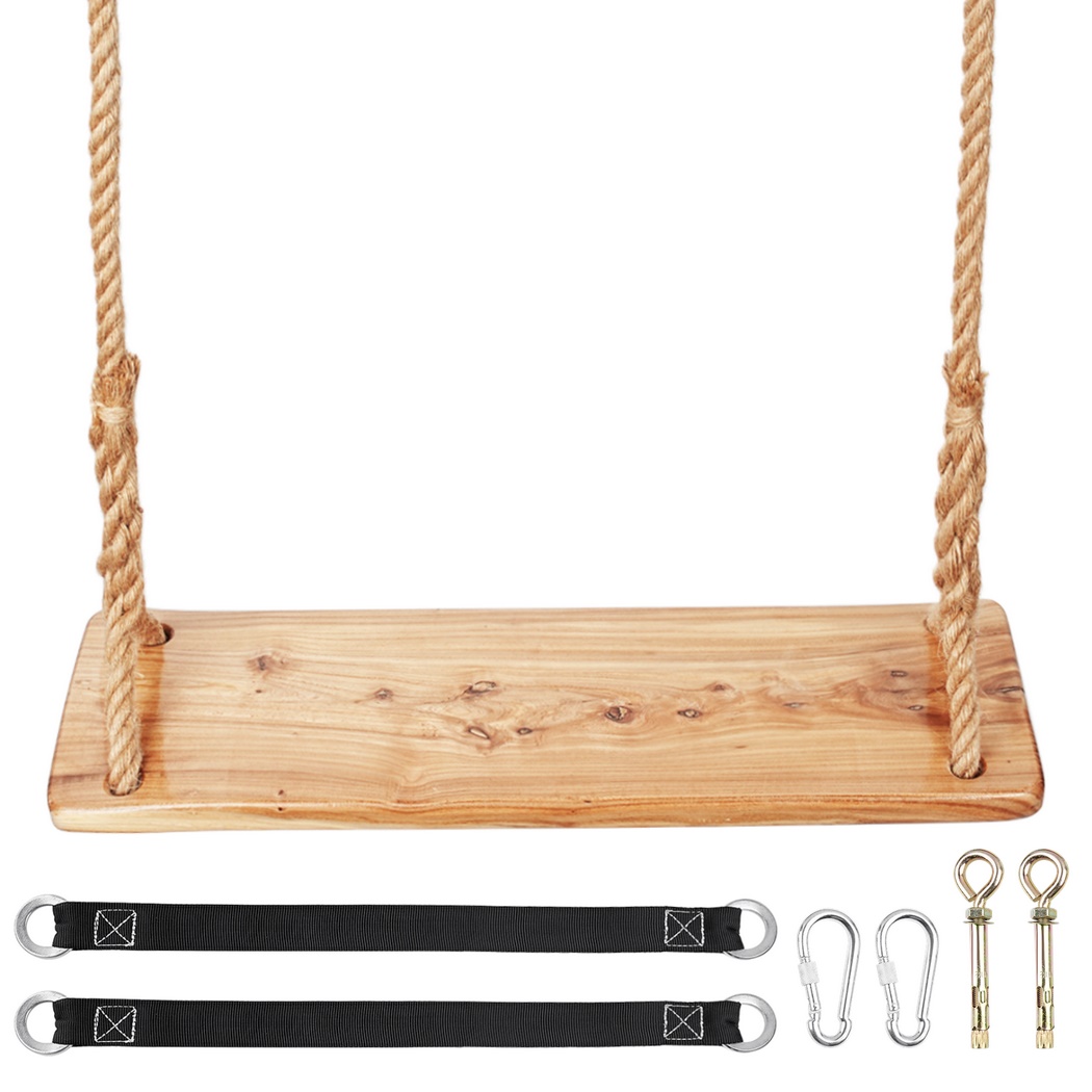 Columpio de árbol de madera de 250 libras, columpio de madera resistente con cuerda de cáñamo ajustable, asiento de columpio colgante impermeable para exteriores para niños