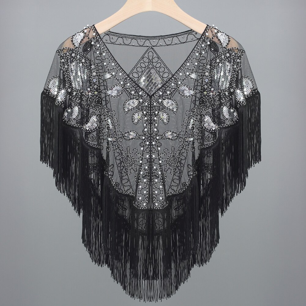Vrouwen 1920 S Lovertjes Sjaal Met Kwastjes Kralen Parel Fringe Sheer Mesh Wraps Gatsby Flapper Bolero Cape Cover Up: black silver