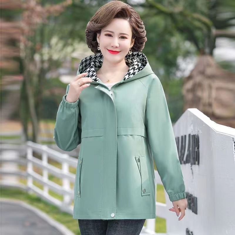 Middle-aged Elderly Women Jacket Spring Hooded Zipper Overcoat Autumn Coats Outerwear Mother Clothes Female Windbreakers 5XL: XXXL / Blue