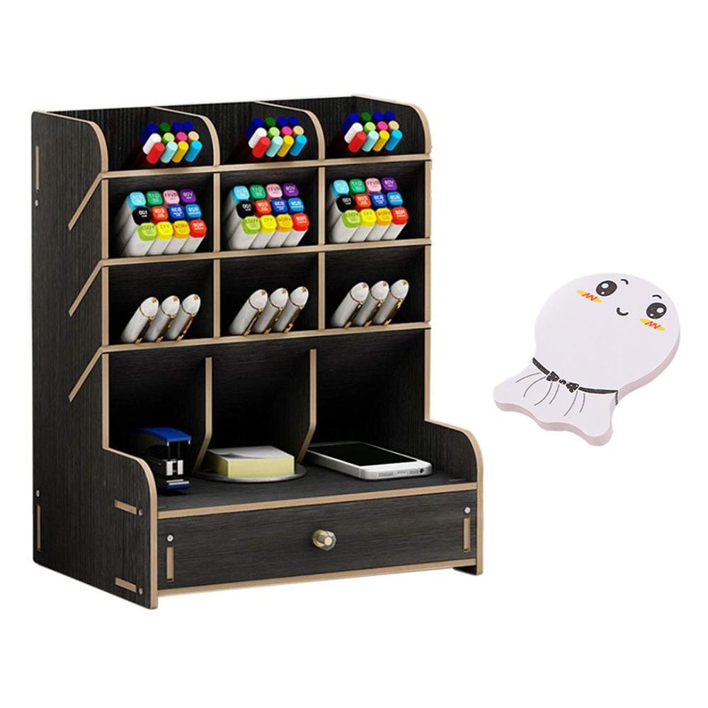 Organizador de Mesa de madeira DIY Caixa Rack de Armazenamento com Gaveta de Lápis Caneta Titular bloco de Notas para o Escritório Da Escola Para Casa e Jardim: black