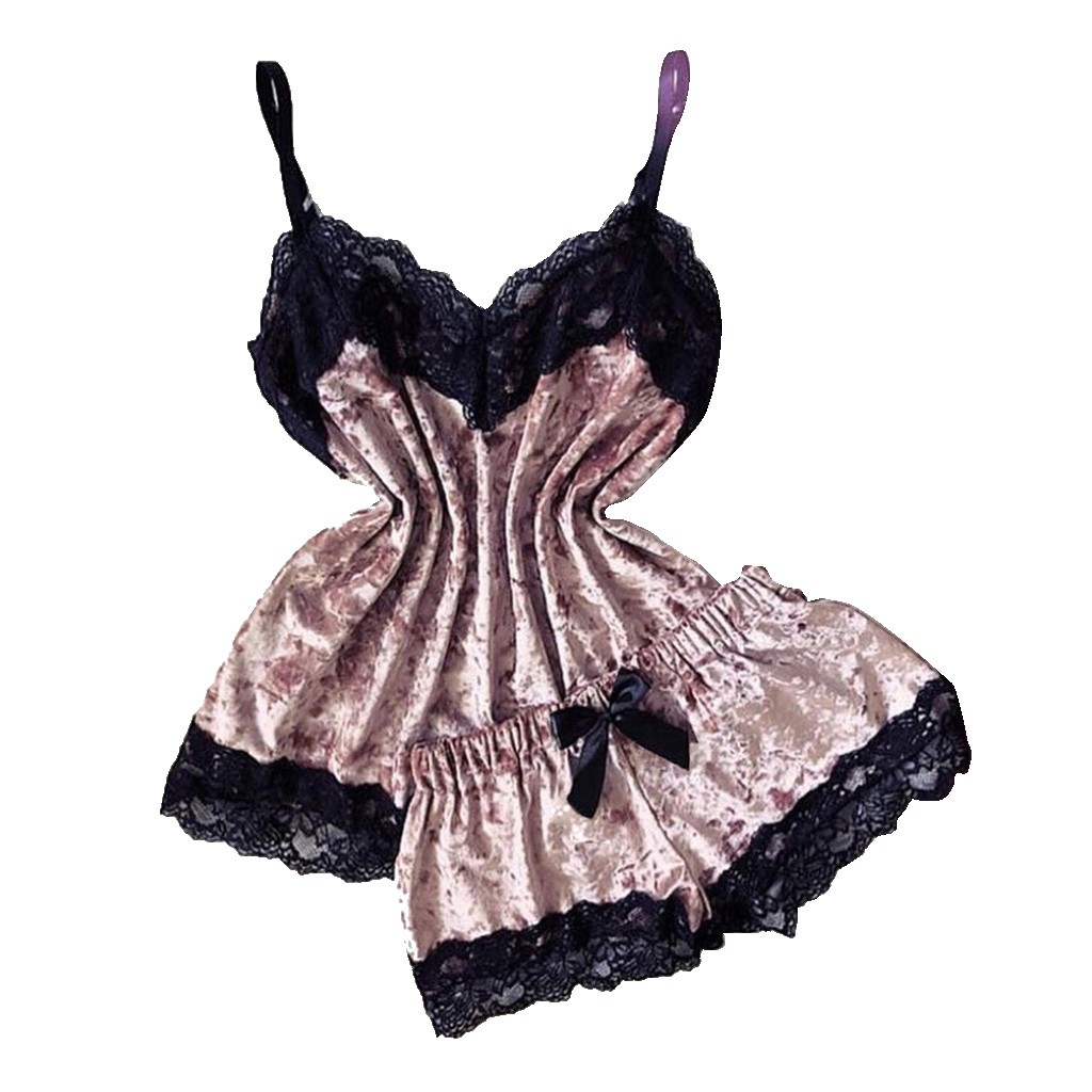Sommarpyjamas kvinnor sammet rosett sovplagg ärmlös rem nattplagg spetskant cami topp pyjamas set femme sexiga underkläder: S / Rosa