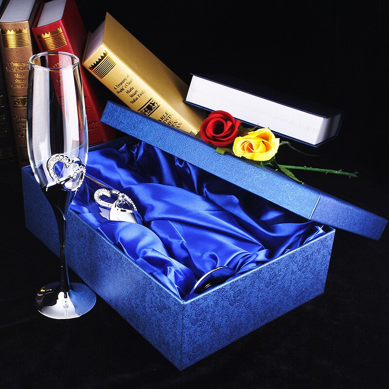 2 stk / sett krystall bryllup skåling champagne fløyter glass drikke kopp fest ekteskap vin dekorasjon kopper til fest boks: 2 stk sølv gaveeske