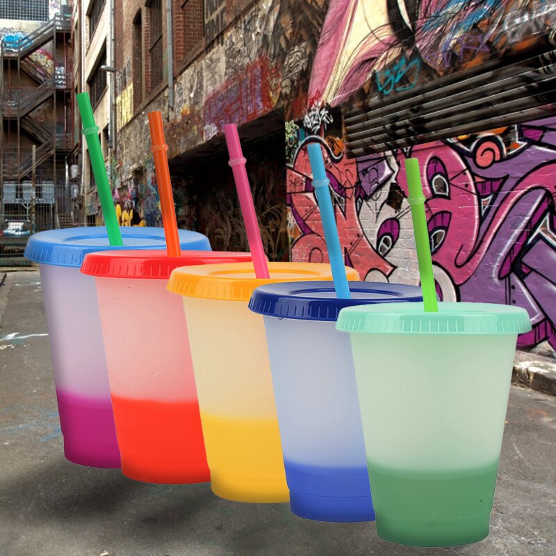 Cold Cups Reusable Color Changing Cups Color-popping Style Plastic Tumbler With Lid Straw Party Cup Drink Drinkware 473ml