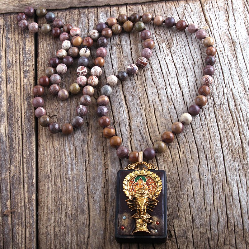 RH Boho Schmuck halb Kostbare Stein Lange Verknotet Platz Holz Anhänger Anhänger Halsketten Frauen Halskette