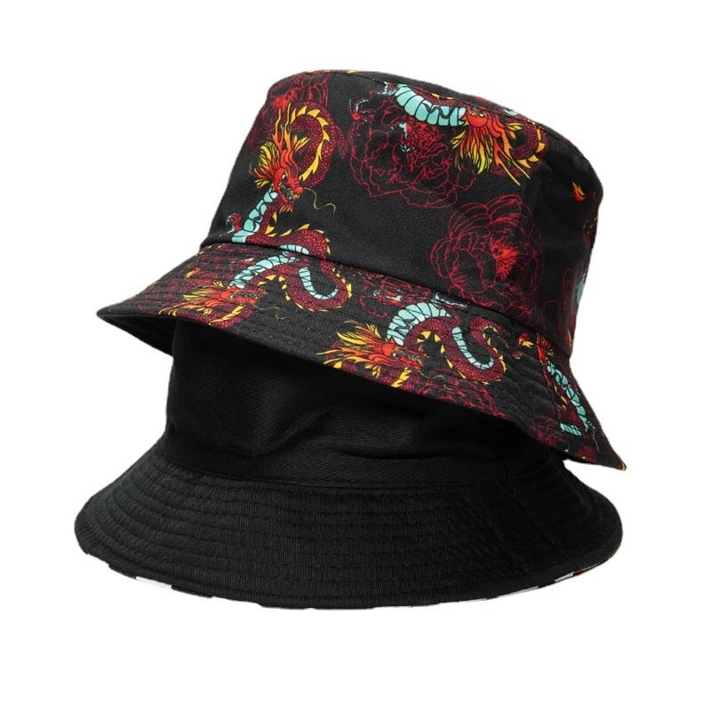 Korean Harajuku Hat Reversible Bucket Hats Men Dragon Print Hip Hop Caps Women Fishing Fisherman Hat