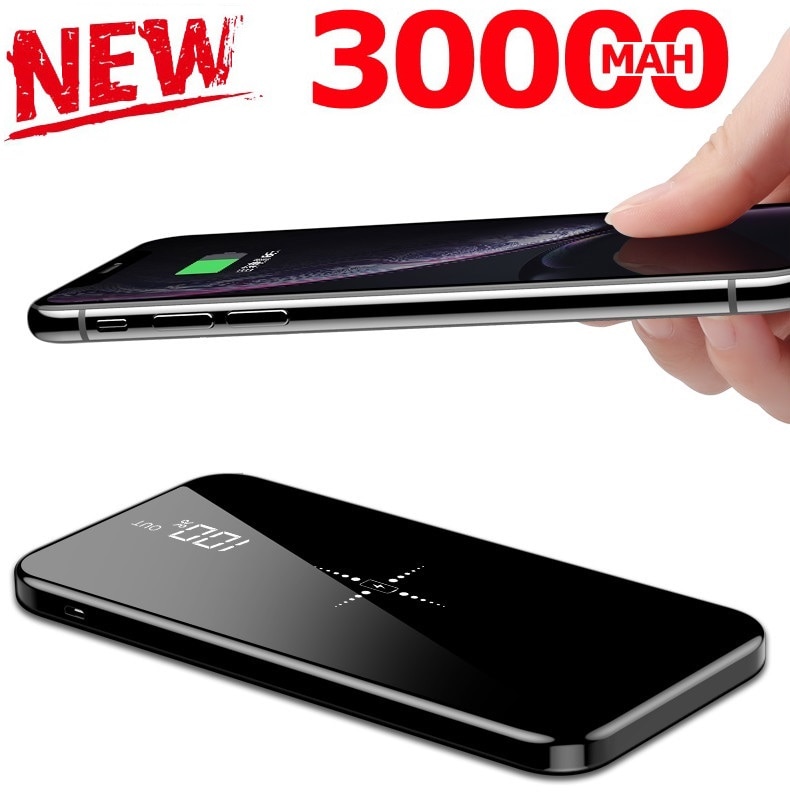 Quick Charge Wireless Power Bank Dual USB Mirror Screen 30000mAh Wireless Charger Powerbank Bateria External For iphone8 X