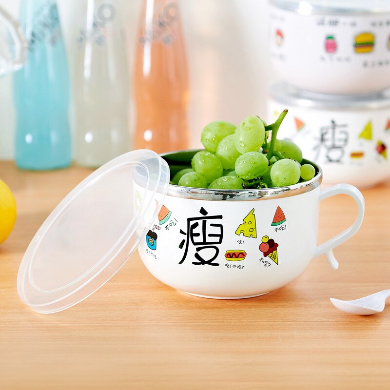 Stainless Steel Double Layer with Lid and Spoon Bowl Set Noodle Bowl Instant Noodle Bowl Anti-scalding Cute Rabbit Cutlery Set