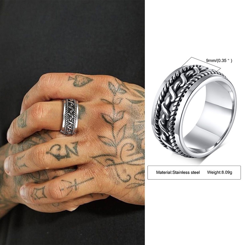 Bague Vintage pour homme, anneau à motif texturé en acier inoxydable, bijoux pour hommes