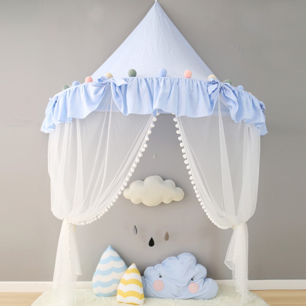 Children Play House Castle Kid Teepee Tents Cotton Foldable Tent Canopy Bed Curtain Baby Crib Netting Girls Boy Room Decoration: blue bow