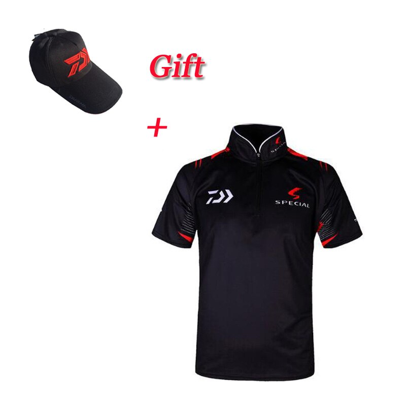 Men Fishing Clothes Uv Sunscreen Breathable Fiber Fishing Shirts Profesional Short Sleeve Fishing Shirt Male Free cap: Black / XXXL