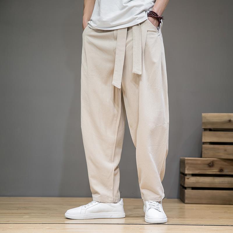 Pantalones rectos de Color sólido de estilo chino para primavera y verano, pantalones Haren cómodos con cintura elástica y bolsillos Vintage de algodón y cáñamo: XL / Caqui