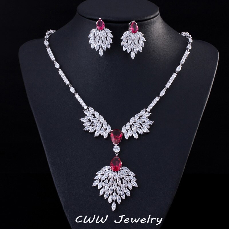 CWWZircons Marca Designer de Acessórios Do Casamento de Noiva Conjunto de Jóias Big Drop Red Cubic Zirconia Colar e Brincos de Noiva T231