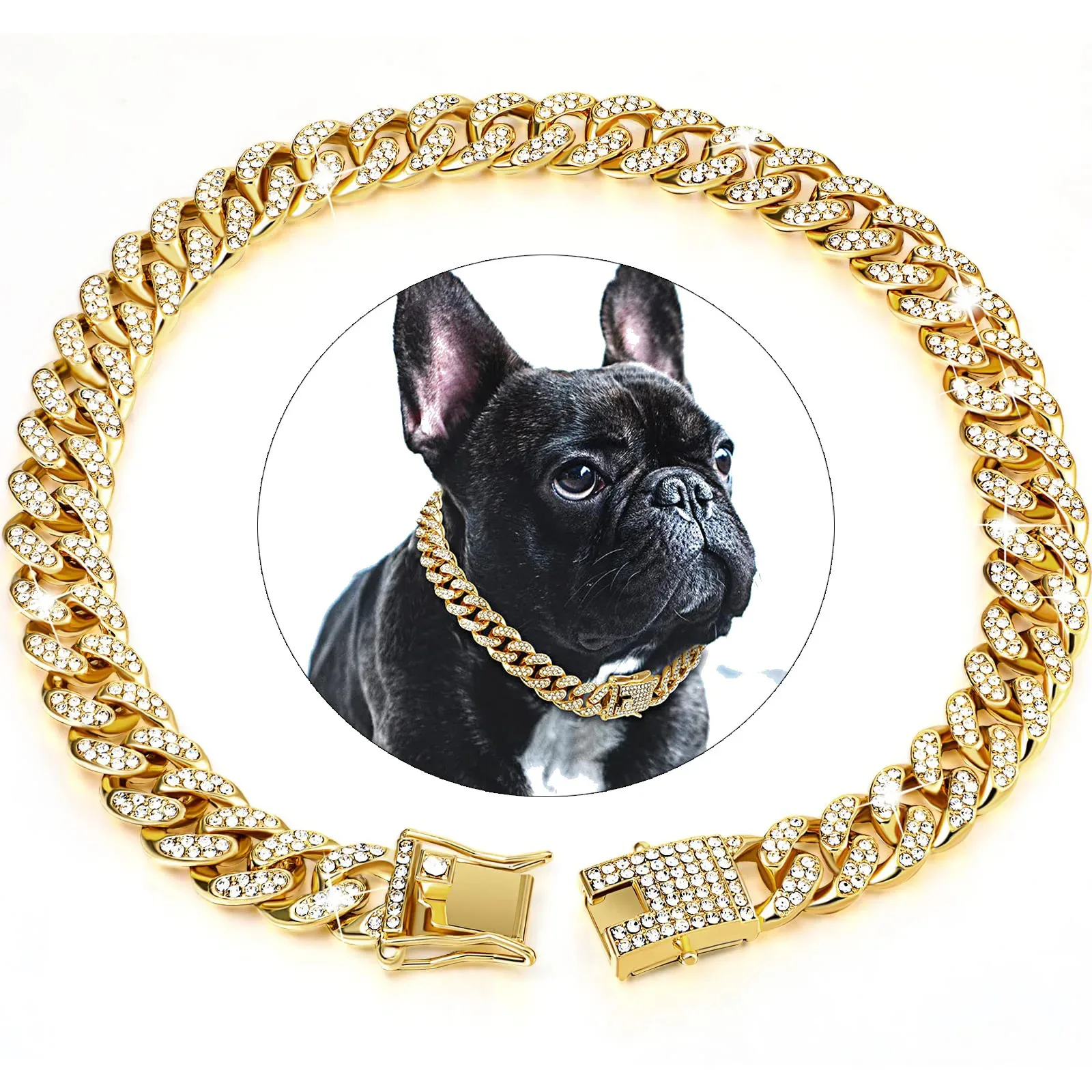 Strass Hond Ketting Kraag Metaal Sterk Goud Cubaanse Link Hond Ketting Luxe Diamant Puppy Kat Kraag Hond Sieraden Accessoires