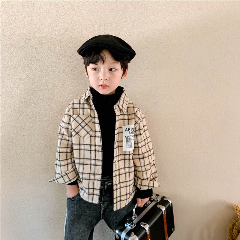 Korean style boys long sleeve plaid shirts kids Turn-down Collar cotton casual warm clothes Autumn Winter