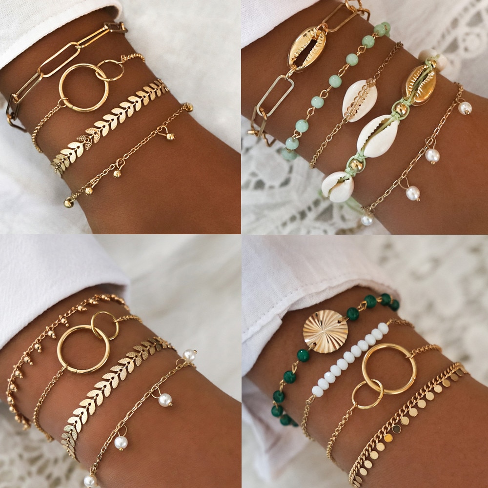 Diezi 4 Stks/set Bohemian Gouden Ketting Armbanden &amp; Bangles Vintage Overdrijving Kralen Armband Voor Meisjes Vrouwen Sieraden