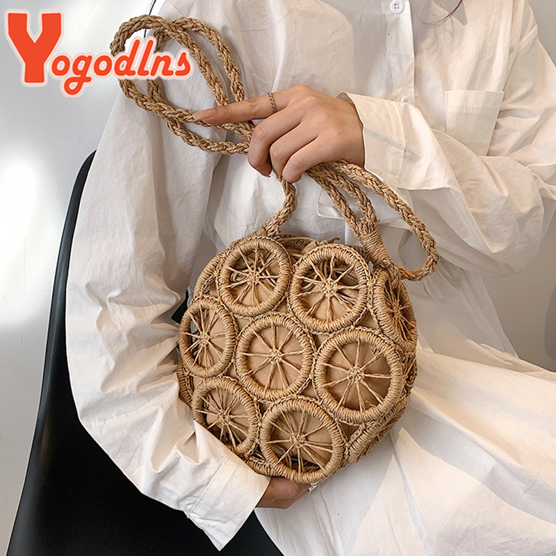 Yogodlns-Bolso de paja con forma de círculo para mujer, tejida a mano bandolera, para vacaciones, playa, bolso de hombro redondo, sa