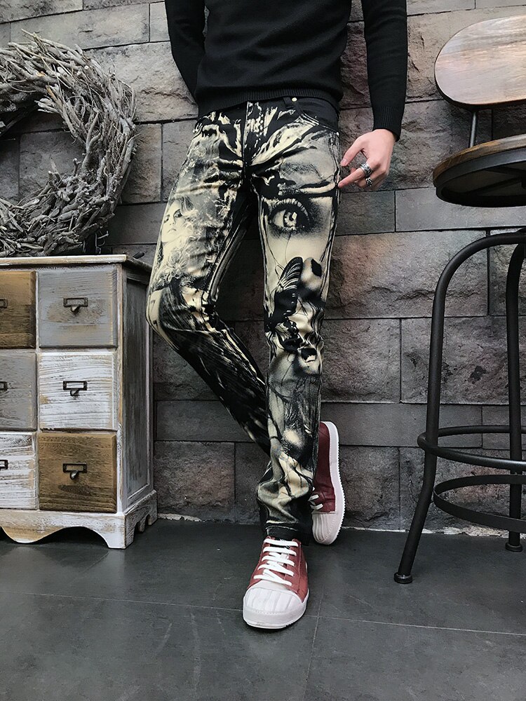 Menns skjønnhetsprintede jeans menn mager 3d mønster farget tegning paiting høy tøye ut denim bukser nattklubber sangere bukser