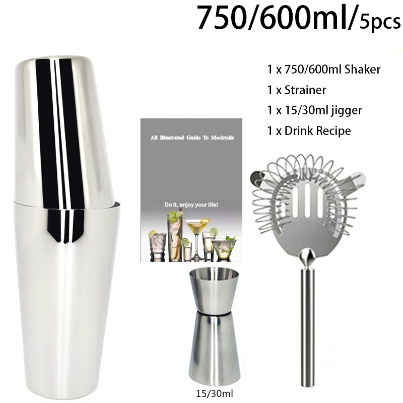 Stainless Steel 550ml/450ml/600ml/750ml Shaker Cup With Measuring Cup Cocktail Shaker Set Cocktail Kit Bar Tools Stand Recipe: 5Pc 750ml 600ml