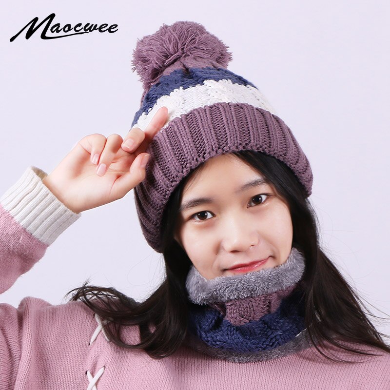 Vinter pompon hat og tørklæde sæt til kvinder strikket tykke varme piger motorhjelm hatte med foring kvindelig hals ring tørklæde 2 stykke sæt