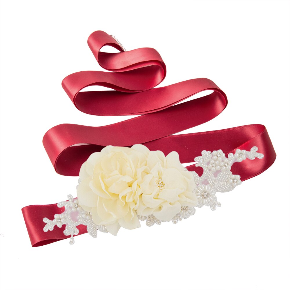 Zms 172 bloemenriem voor bruiloft, lange feestjurk, zwangerschapsjurk, kralenriemen, blauwe bruidsaccessoires, damesriemen: Wijnrood