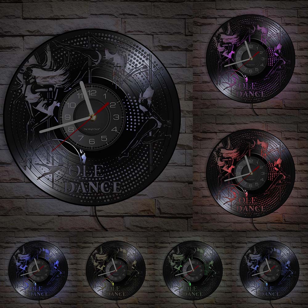Reloj de pared con disco de vinilo de Pole Dance, arte de pared Vintage para Club nocturno, decoración de tubo de acero, reloj de pared de baile hecho a mano, de bailarinas: With LED