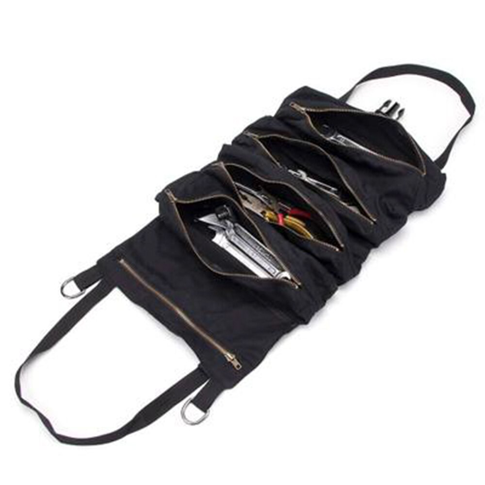 Multifunction Roll Up Canvas Tools Bag Wrench Storage Carrier Pouch Car Back Seat Organizer Hanging Bag: black