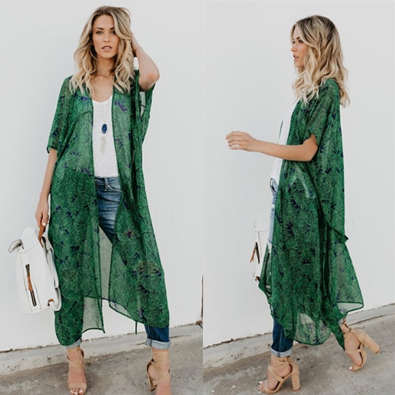 Women Beach Cover-ups Boho Floral Printed Short Sleeve Long Chiffon Kimono Cardigan Loose Bikini Cover Up Women Clothing