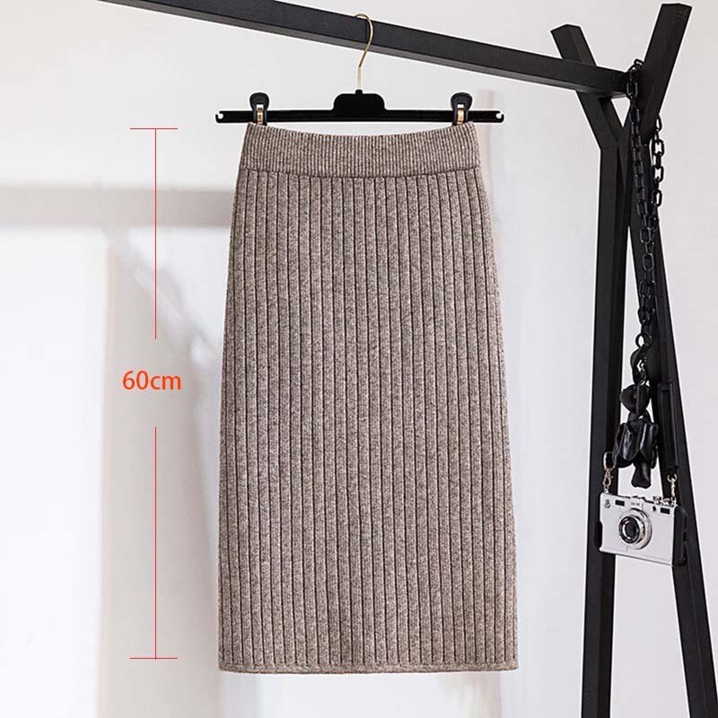 Faldas de mujer de banda elástica de 60-80CM, Falda recta de punto cálida de otoño e invierno, falda negra medio larga acanalada