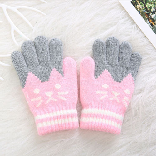 Cat Splice Mittens Winter Baby Boys Girls Knitted Gloves Warm Rope Full Finger Mittens Gloves for Children Toddler Kids: Pink